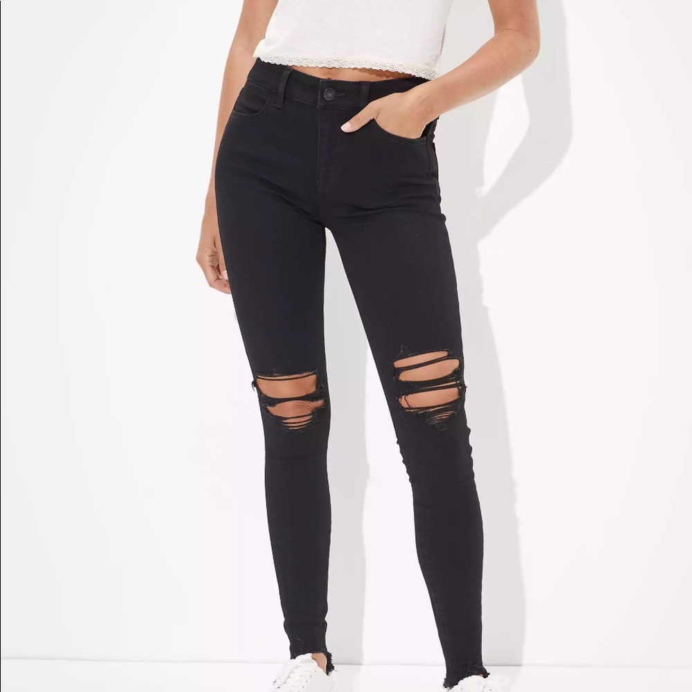 American Eagle The Dream Jean HiRise Legging 8 Regular Rip Knees Fray Bottom